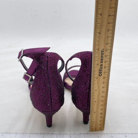 XYD Purple Satin Rhinestone Kitten Heel Sandals Ankle Strap Open Toe Prom Shoes - Picture 5 of 8